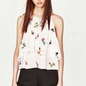 Zara Trafaluc White Floral Embroidered Tiered Tie Neck Tank Top Size Large